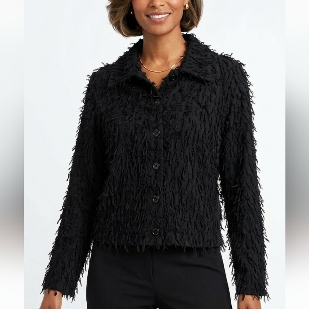 Ann Maurice Women's Black Shag-Texture Jean Jacket